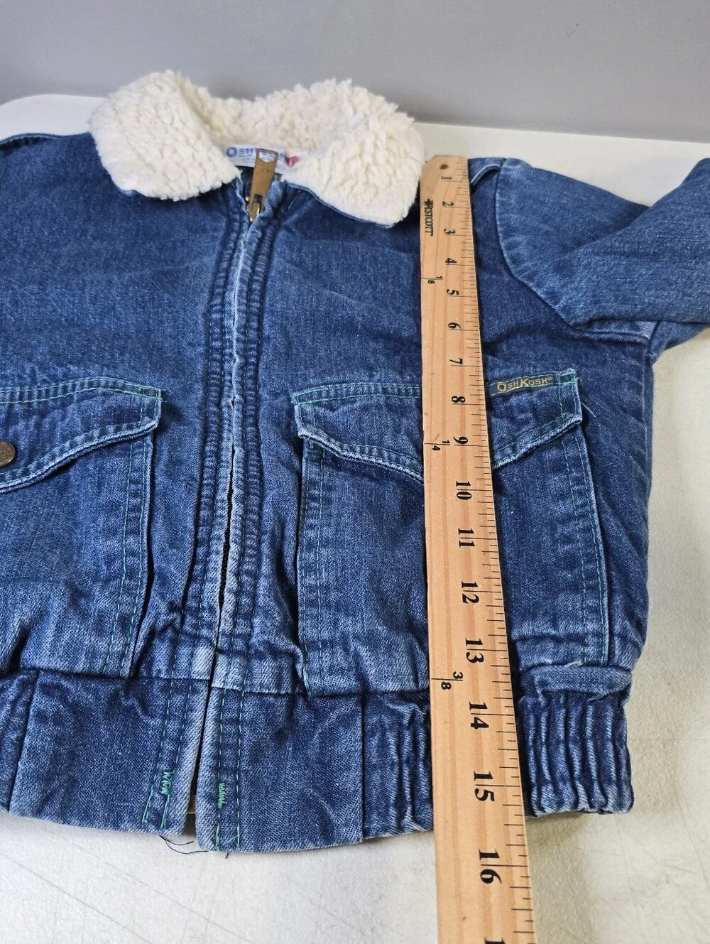 Vintage OshKosh BGosh Denim Jean Jacket Kids Size 3T Sherpa Collar Plaid Lined